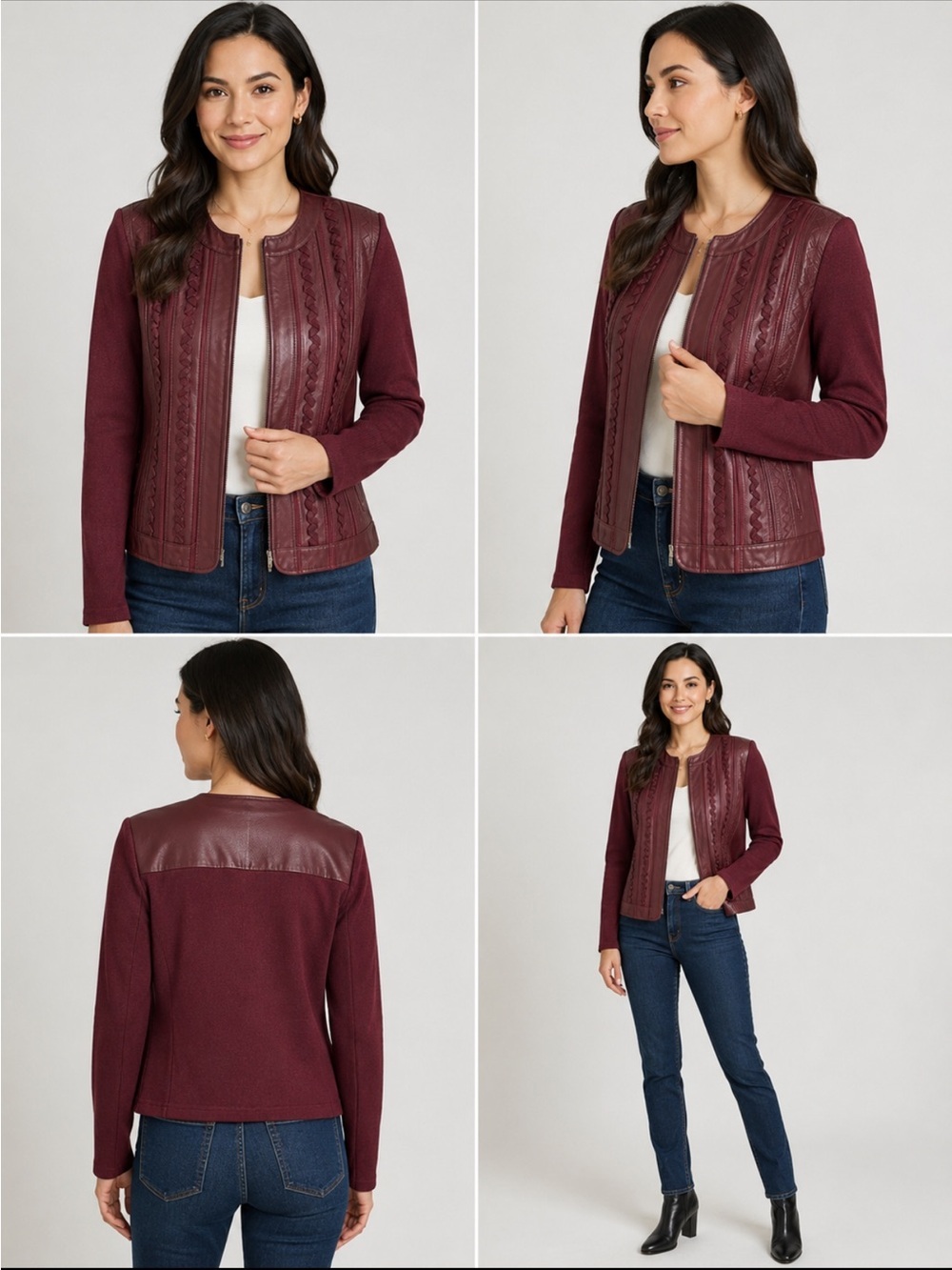 Nygård Collection Petites Medium Burgundy Genuine Leather Jacket Ribbon Trim
